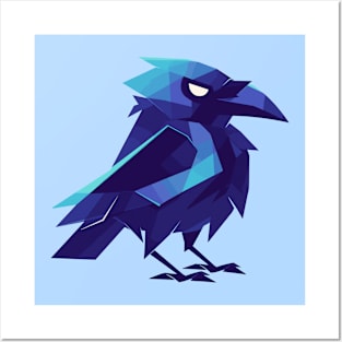 Geometrical Blue Raven. Adorable Mosaic Cute Kawaii Simple Bird Posters and Art